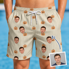 Man wearing Men's Fiery Fiends Custom Face Beach Shorts — custom faces printed all-over