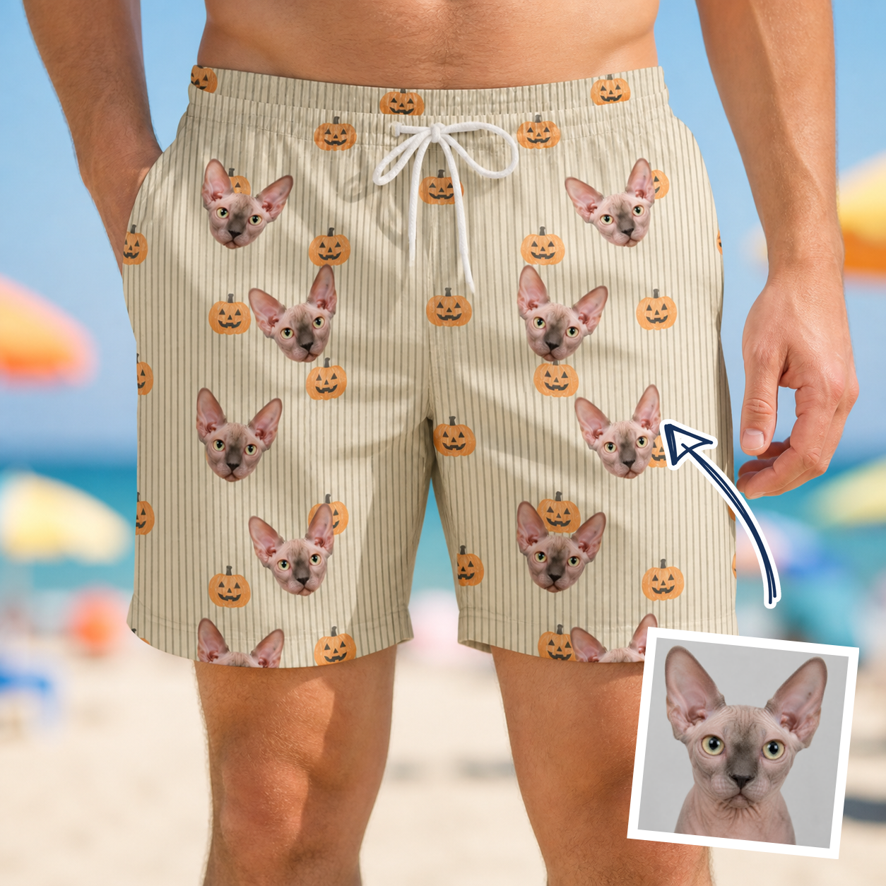 Man wearing Men's Fiery Fiends Custom Cat Face Beach Shorts — custom faces printed all-over