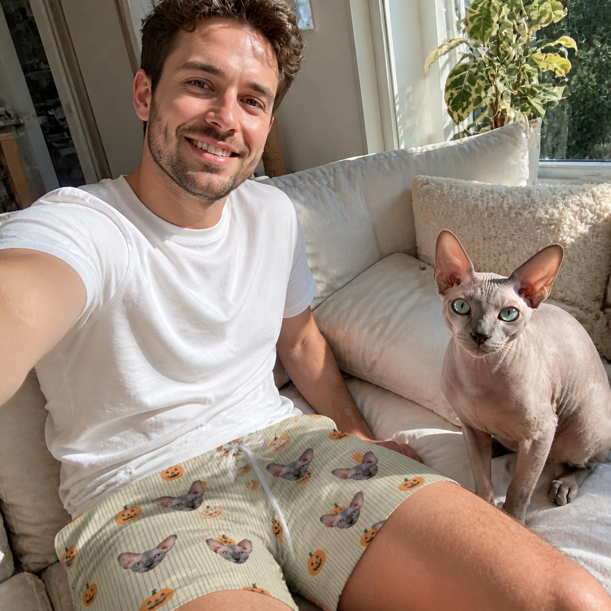 Selfie with the pet whose face is printed all over this Men's Fiery Fiends Custom Cat Face Beach Shorts