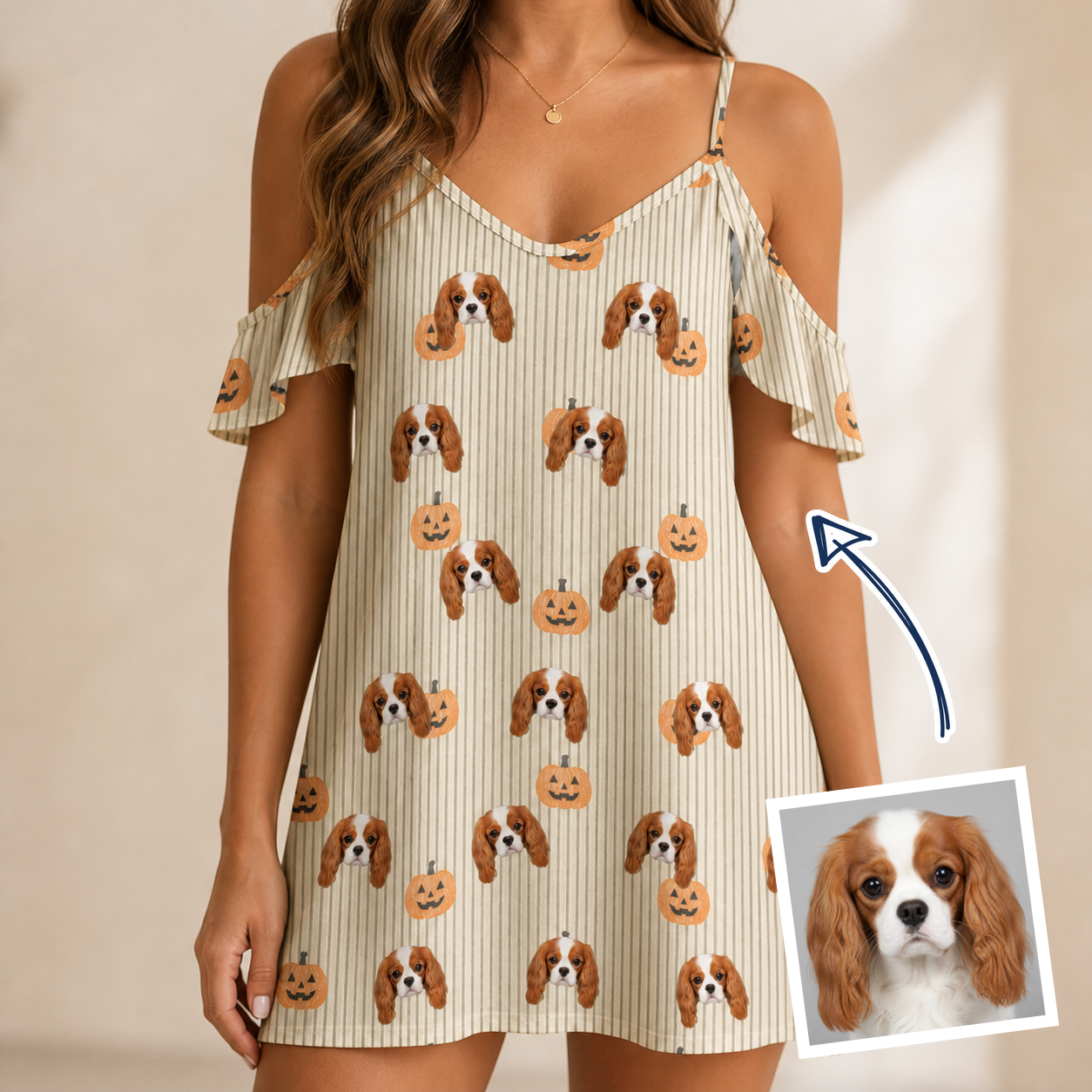 Woman wearing Women's Fiery Fiends Custom Dog Face Off-Shoulder Dress — custom faces printed all-over