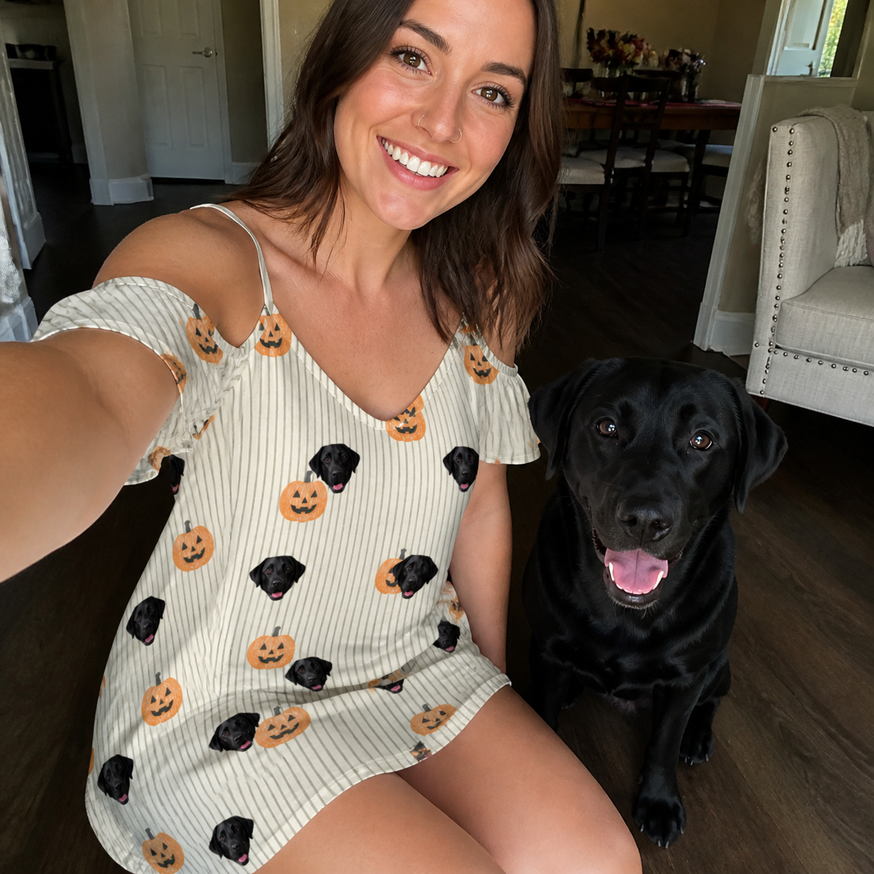 Selfie with the pet whose face is printed all over this Women's Fiery Fiends Custom Dog Face Off-Shoulder Dress