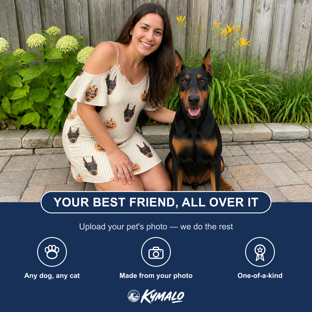 Friends in matching Women's Fiery Fiends Custom Dog Face Off-Shoulder Dress — a group gift photo
