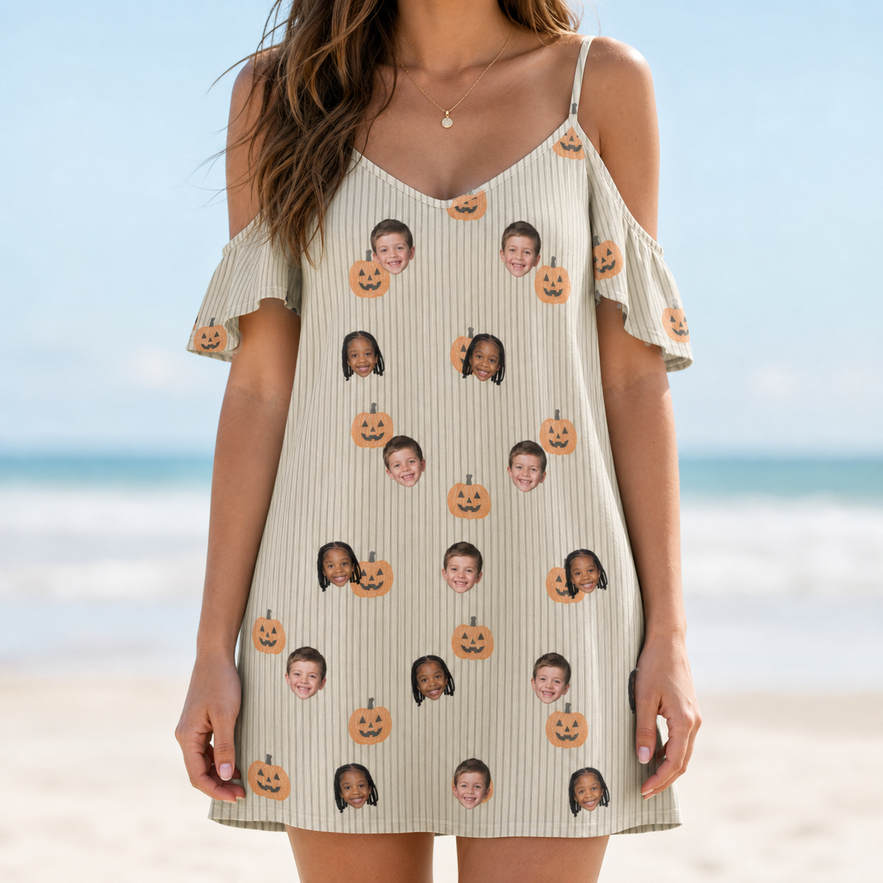 Model wearing Women's Fiery Fiends Custom Face Off-Shoulder Dress printed with kids' faces