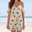 Model wearing Women's Fiery Fiends Custom Face Off-Shoulder Dress printed with kids' faces