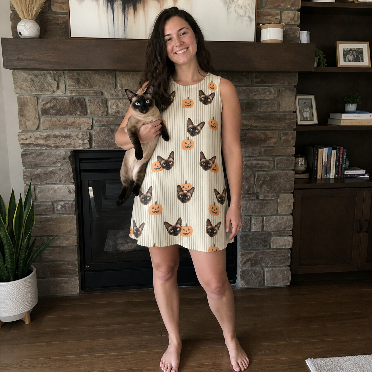 Full-length photo with the pet printed all over this Women's Fiery Fiends Custom Cat Face Tank Dress
