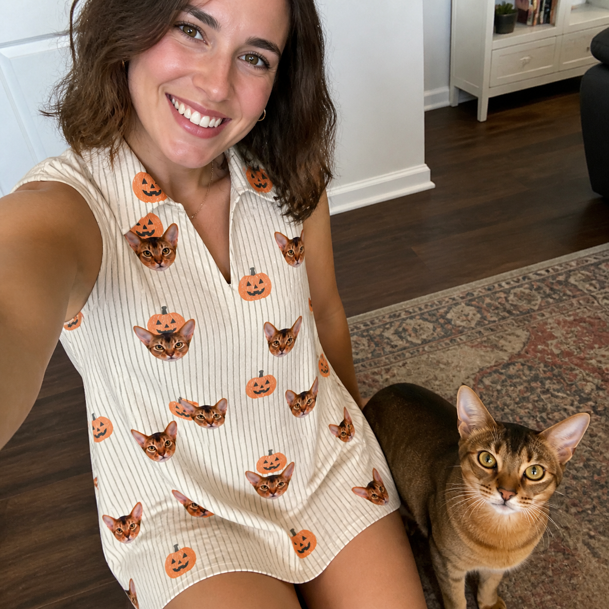 Selfie with the pet whose face is printed all over this Women's Fiery Fiends Custom Cat Face V-Neck Dress