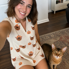 Selfie with the pet whose face is printed all over this Women's Fiery Fiends Custom Cat Face V-Neck Dress