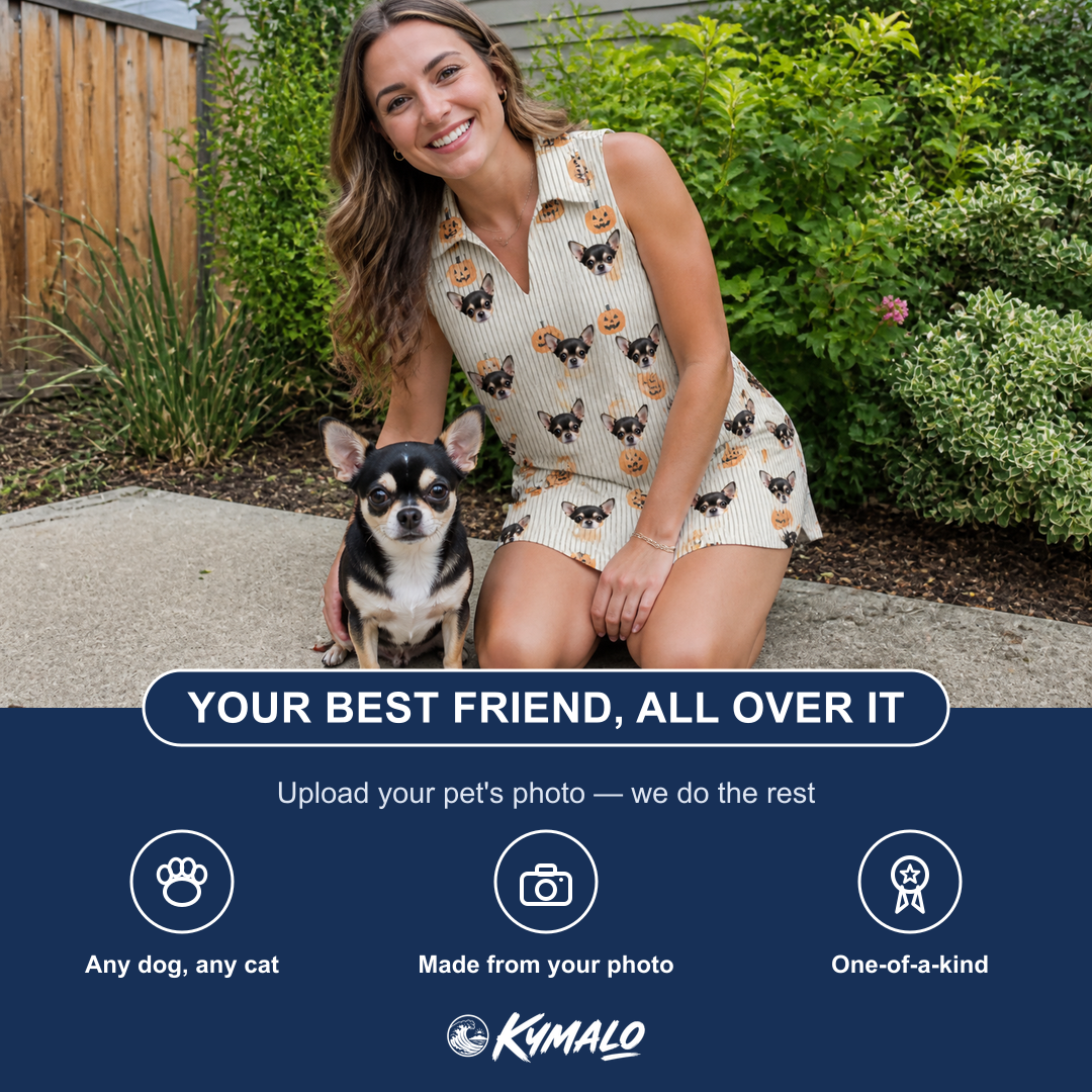 Friends in matching Women's Fiery Fiends Custom Dog Face V-Neck Dress — a group gift photo