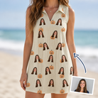 Woman wearing Women's Fiery Fiends Custom Face V-Neck Dress — custom faces printed all-over