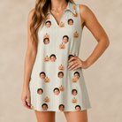 Model wearing Women's Fiery Fiends Custom Face V-Neck Dress printed with kids' faces