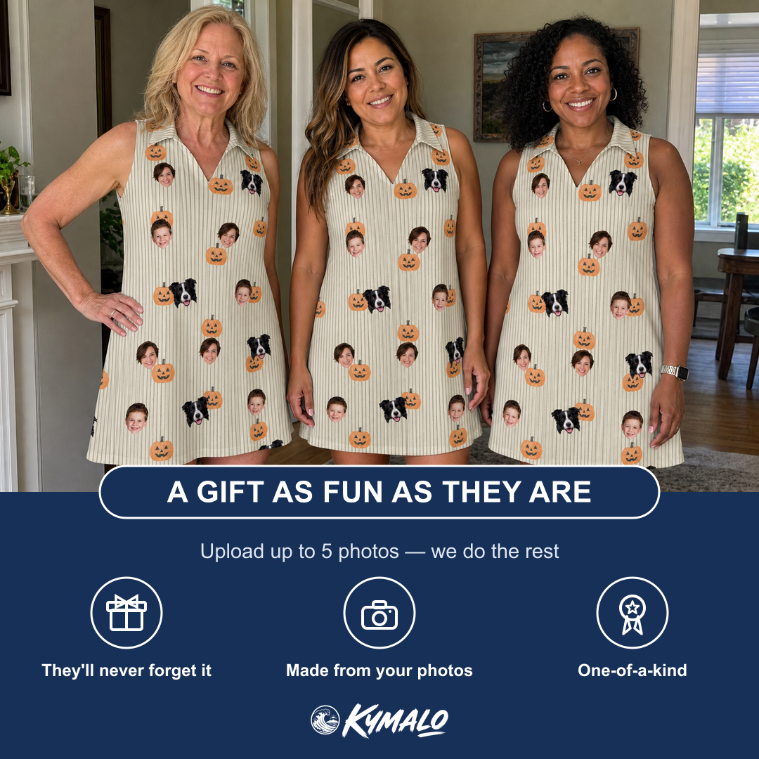 Friends in matching Women's Fiery Fiends Custom Face V-Neck Dress — a group gift photo