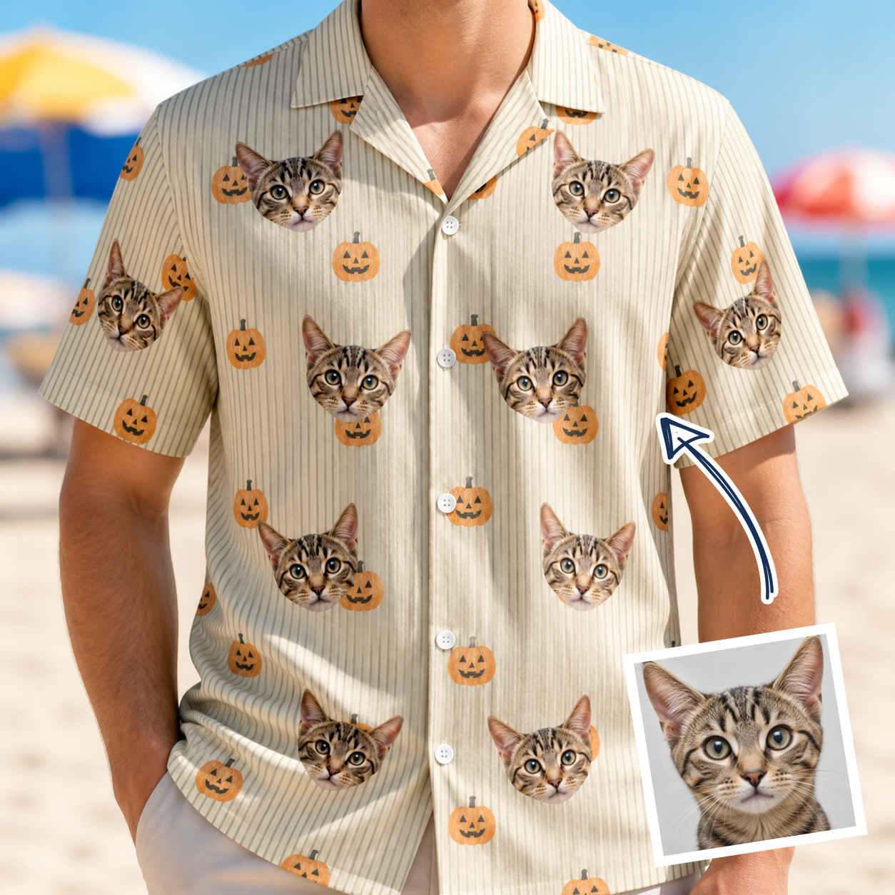 Man wearing Men's Fiery Fiends Custom Cat Face Hawaiian Shirt — custom faces printed all-over