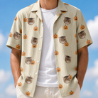 Man wearing Men's Fiery Fiends Custom Cat Face Hawaiian Shirt open over a white tee