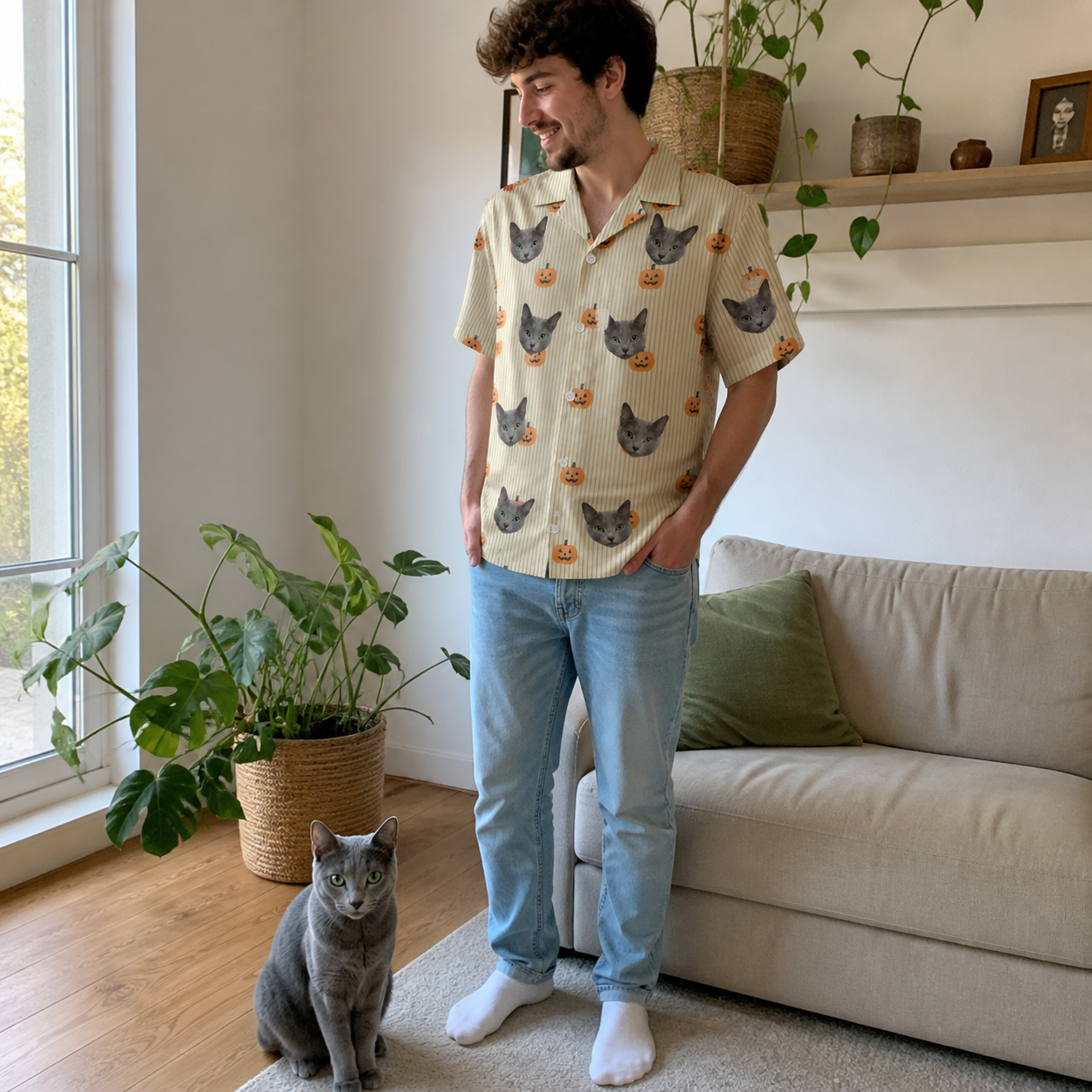 Full-length photo with the pet printed all over this Men's Fiery Fiends Custom Cat Face Hawaiian Shirt