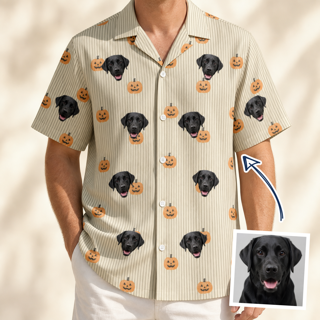 Man wearing Men's Fiery Fiends Custom Dog Face Hawaiian Shirt — custom faces printed all-over