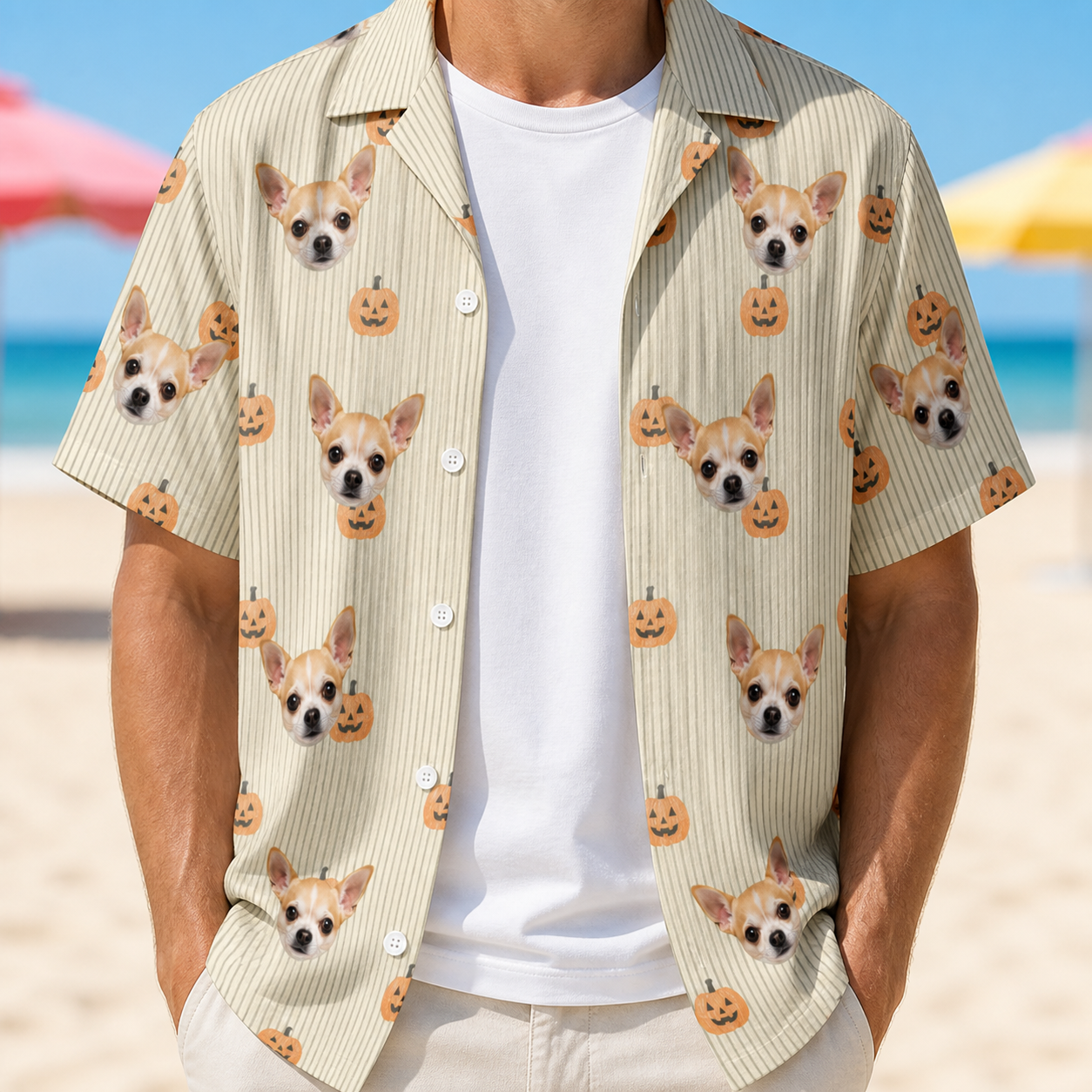 Man wearing Men's Fiery Fiends Custom Dog Face Hawaiian Shirt open over a white tee