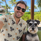 Selfie with the pet whose face is printed all over this Men's Fiery Fiends Custom Dog Face Hawaiian Shirt