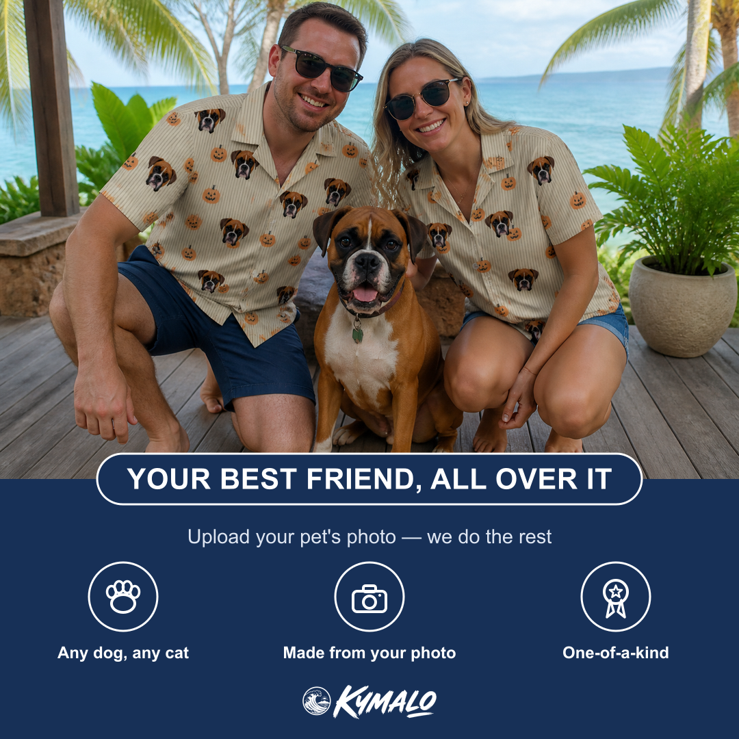 Friends in matching Men's Fiery Fiends Custom Dog Face Hawaiian Shirt — a group gift photo