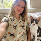 Selfie with the pet whose face is printed all over this Women's Fiery Fiends Custom Cat Face Hawaiian Shirt