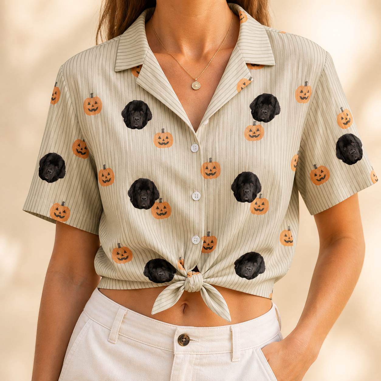 Woman wearing Women's Fiery Fiends Custom Dog Face Hawaiian Shirt tied at the waist