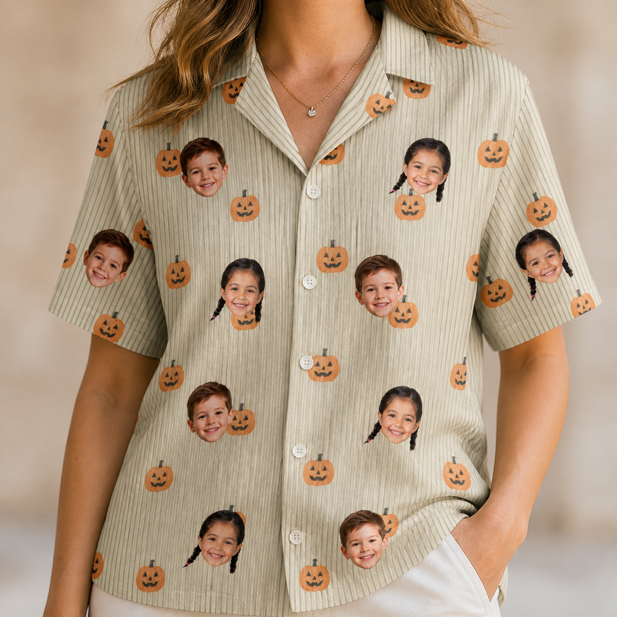Model wearing Women's Fiery Fiends Custom Face Hawaiian Shirt printed with kids' faces