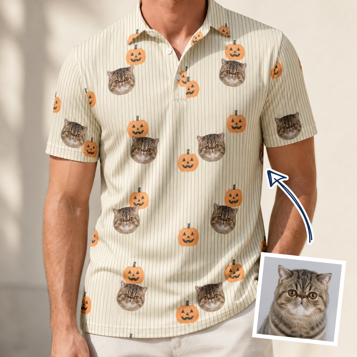 Man wearing Men's Fiery Fiends Custom Cat Face Polo Shirt — custom faces printed all-over
