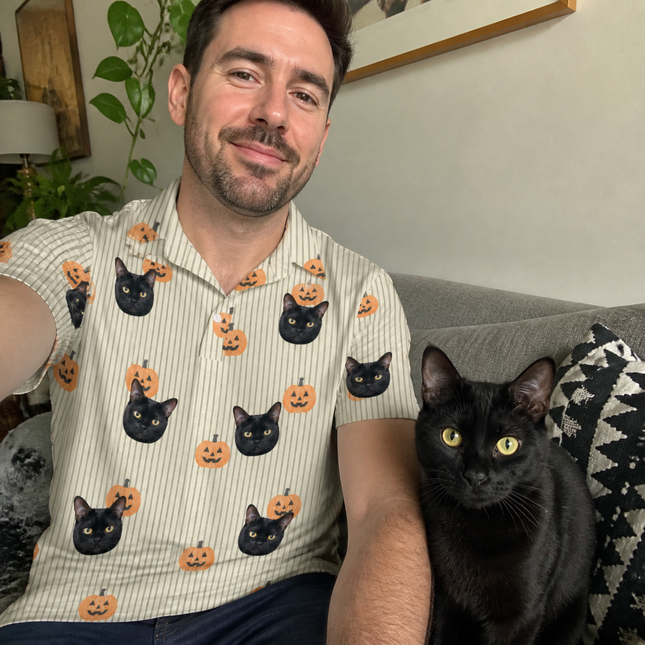 Selfie with the pet whose face is printed all over this Men's Fiery Fiends Custom Cat Face Polo Shirt