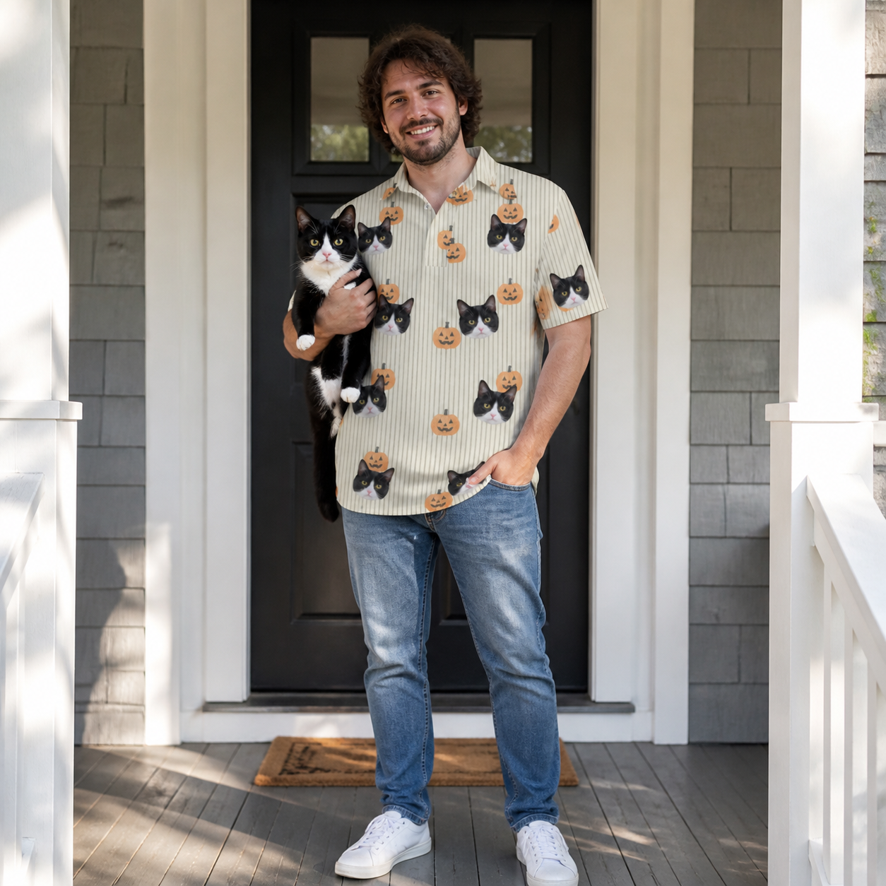 Full-length photo with the pet printed all over this Men's Fiery Fiends Custom Cat Face Polo Shirt
