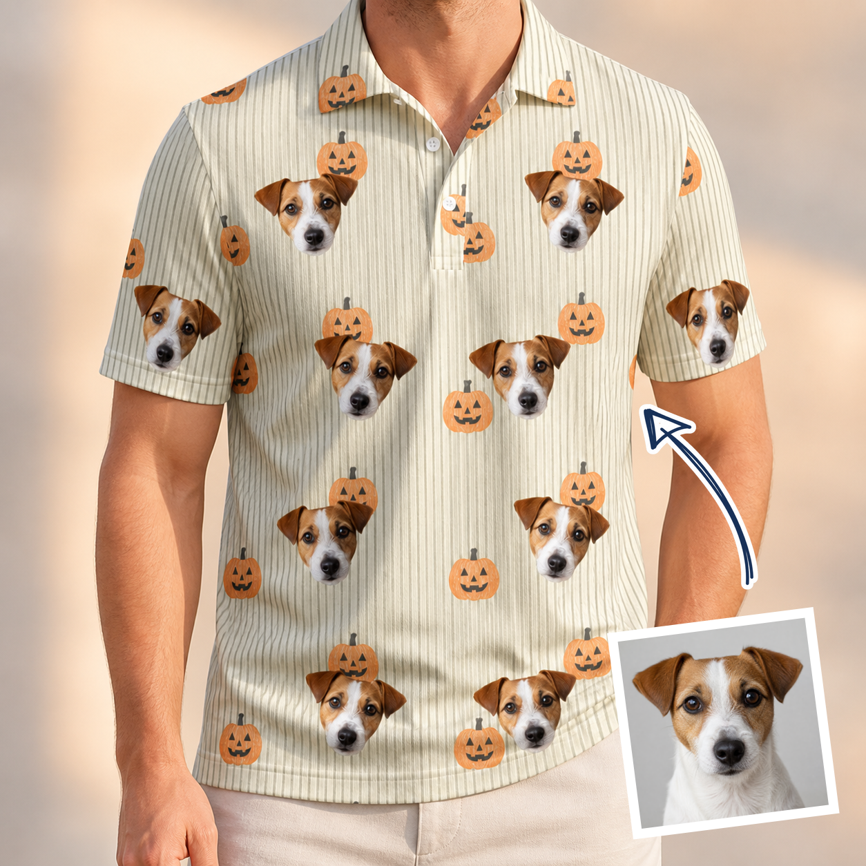 Man wearing Men's Fiery Fiends Custom Dog Face Polo Shirt — custom faces printed all-over