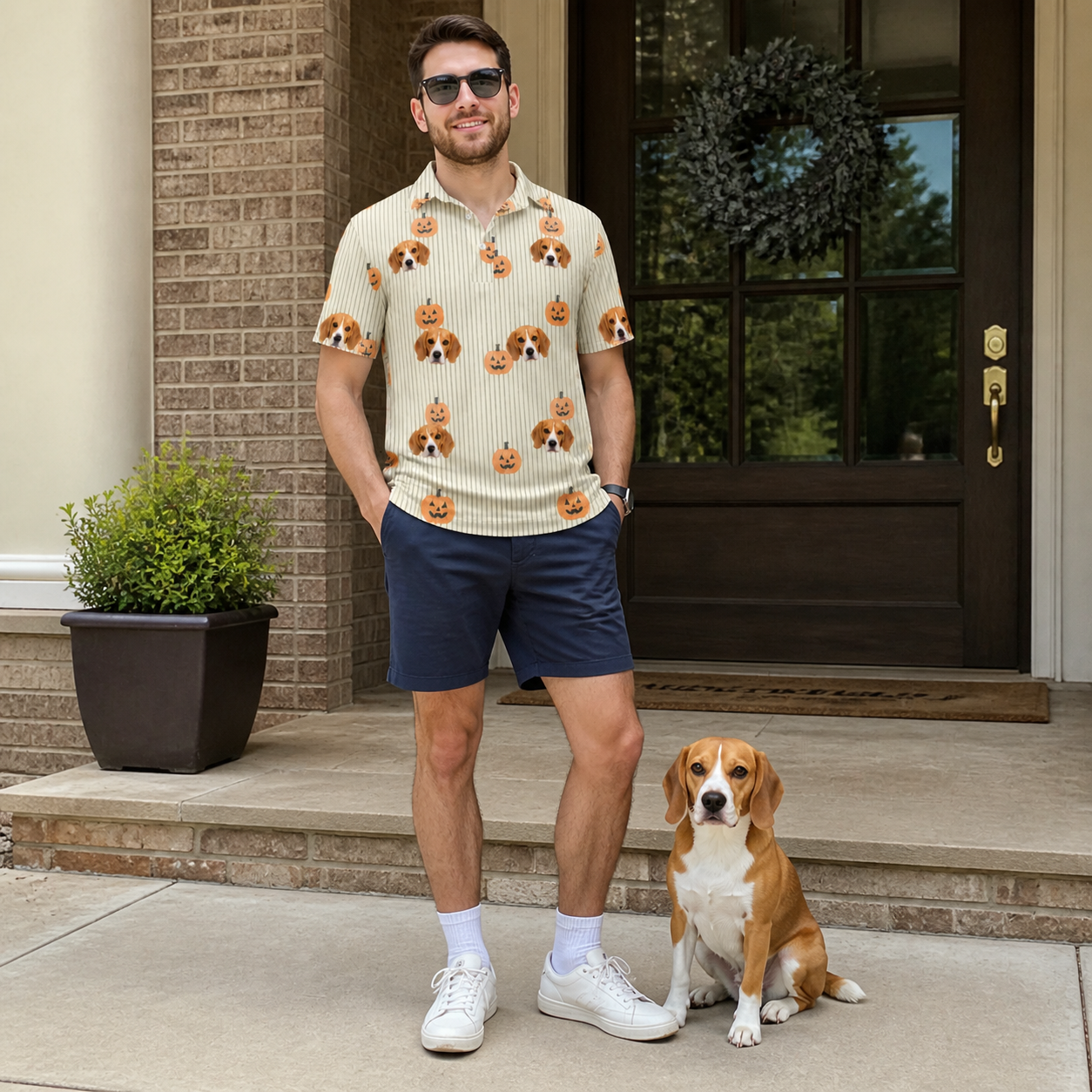 Full-length photo with the pet printed all over this Men's Fiery Fiends Custom Dog Face Polo Shirt
