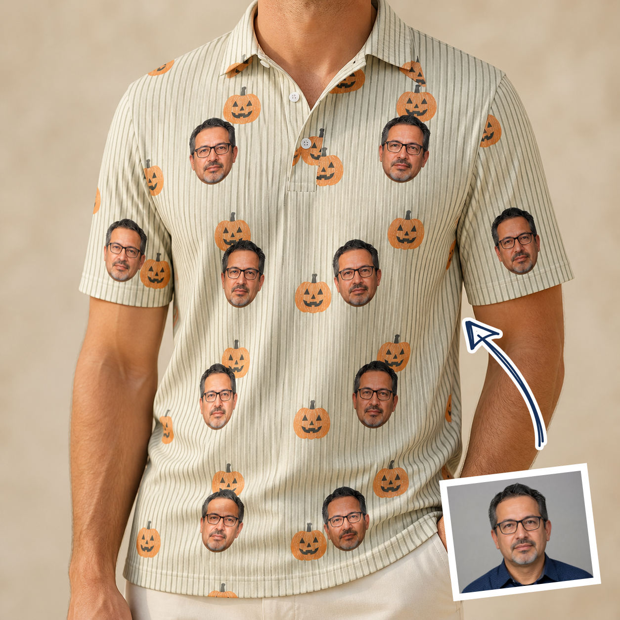 Man wearing Men's Fiery Fiends Custom Face Polo Shirt — custom faces printed all-over