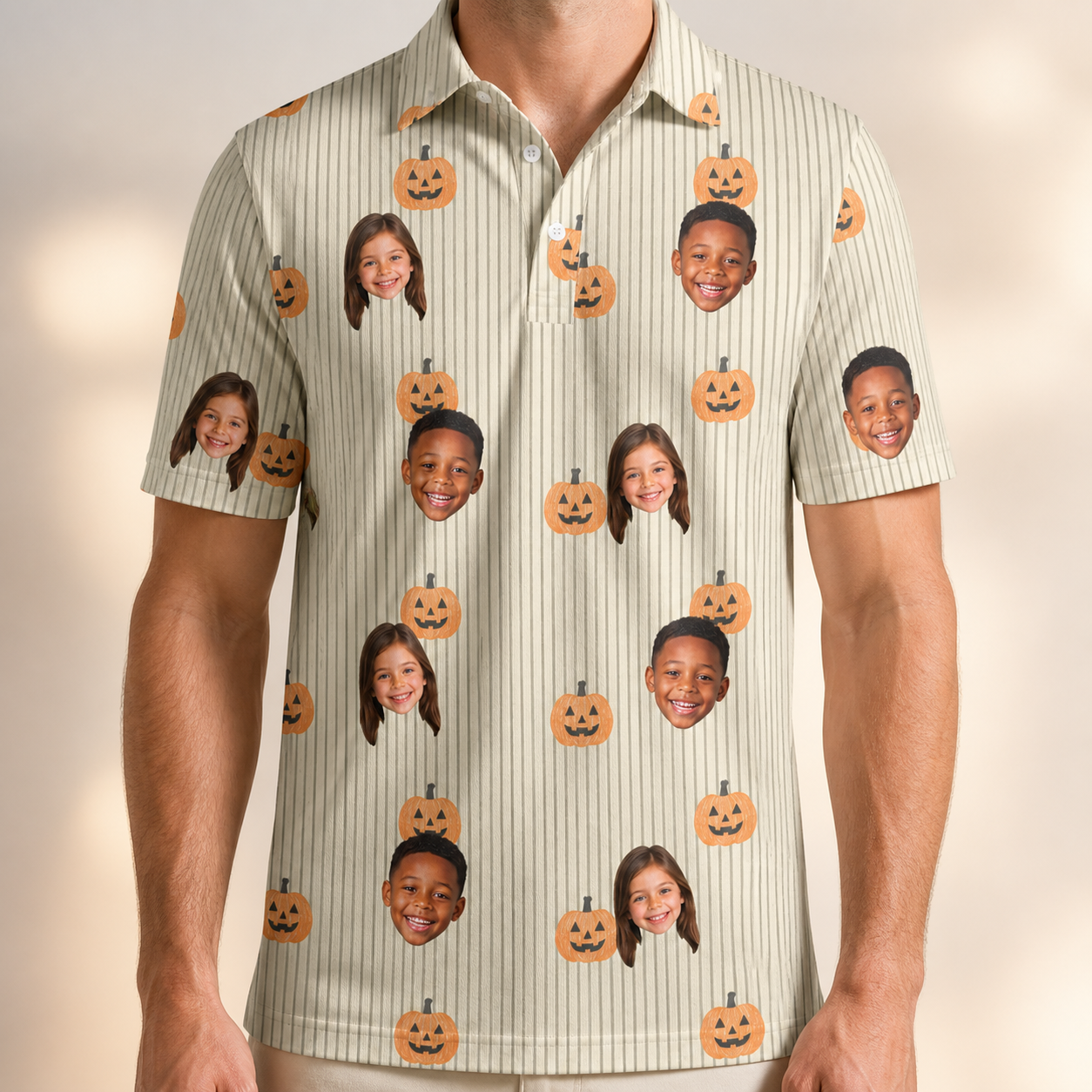 Model wearing Men's Fiery Fiends Custom Face Polo Shirt printed with kids' faces