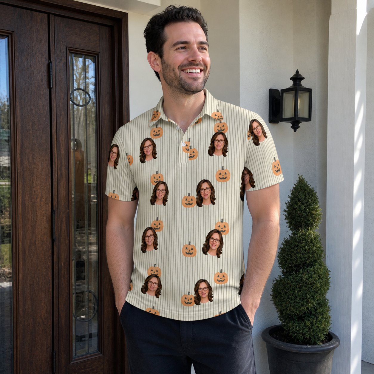 Real-life photo of someone wearing Men's Fiery Fiends Custom Face Polo Shirt — custom faces printed all-over