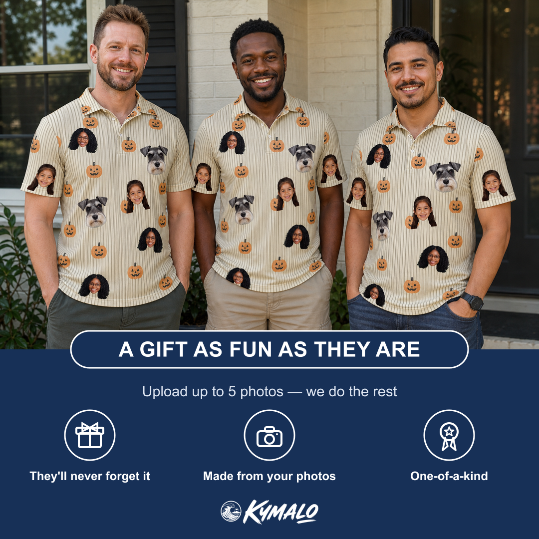 Friends in matching Men's Fiery Fiends Custom Face Polo Shirt — a group gift photo