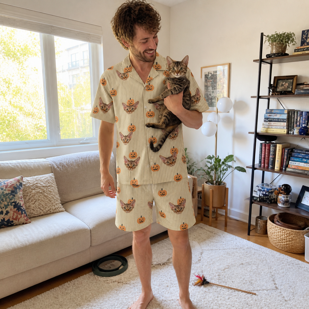 Full-length photo with the pet printed all over this Men's Fiery Fiends Custom Cat Face Shirt & Shorts Set