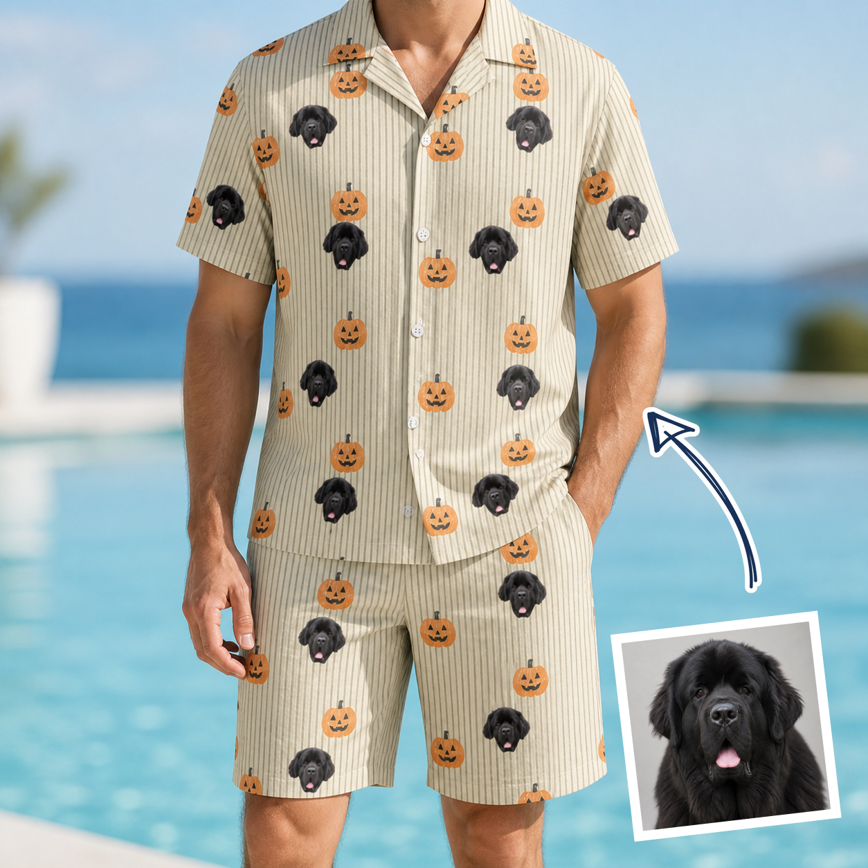 Man wearing Men's Fiery Fiends Custom Dog Face Shirt & Shorts Set — custom faces printed all-over