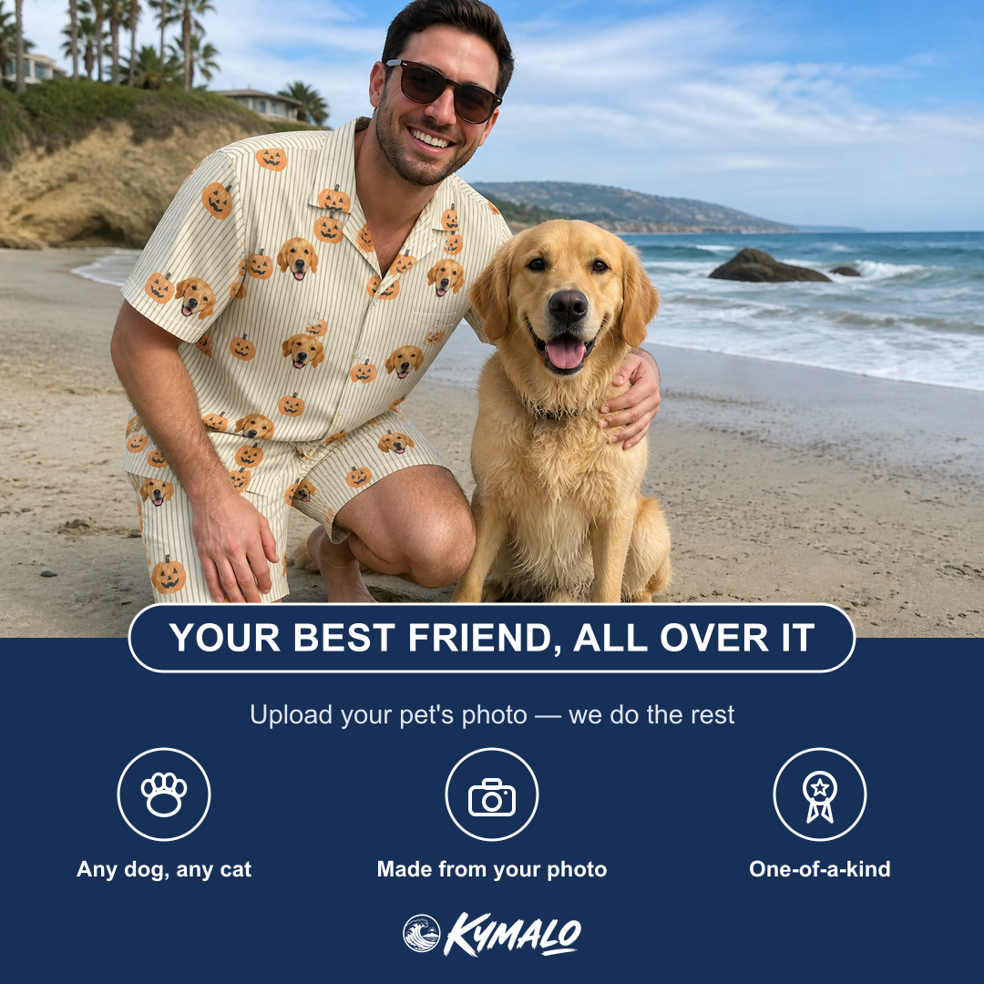 Friends in matching Men's Fiery Fiends Custom Dog Face Shirt & Shorts Set — a group gift photo