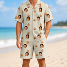Model wearing Men's Fiery Fiends Custom Face Shirt & Shorts Set printed with kids' faces