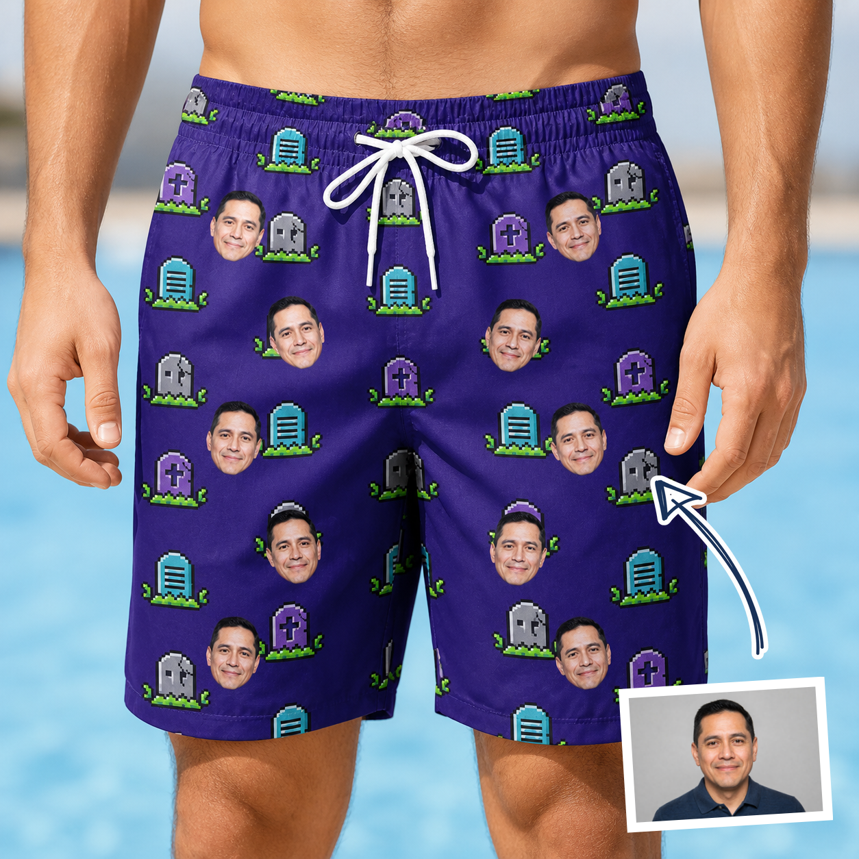Man wearing Men's Mirth Markers Custom Face Beach Shorts — custom faces printed all-over