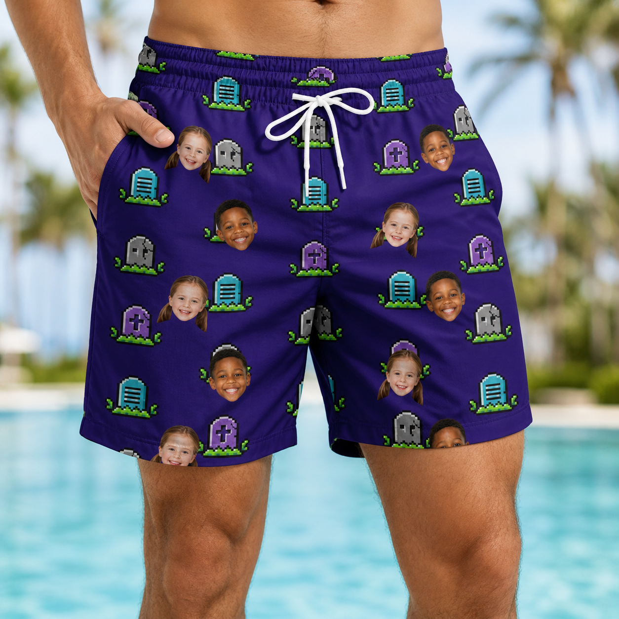 Model wearing Men's Mirth Markers Custom Face Beach Shorts printed with kids' faces