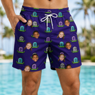Model wearing Men's Mirth Markers Custom Face Beach Shorts printed with kids' faces