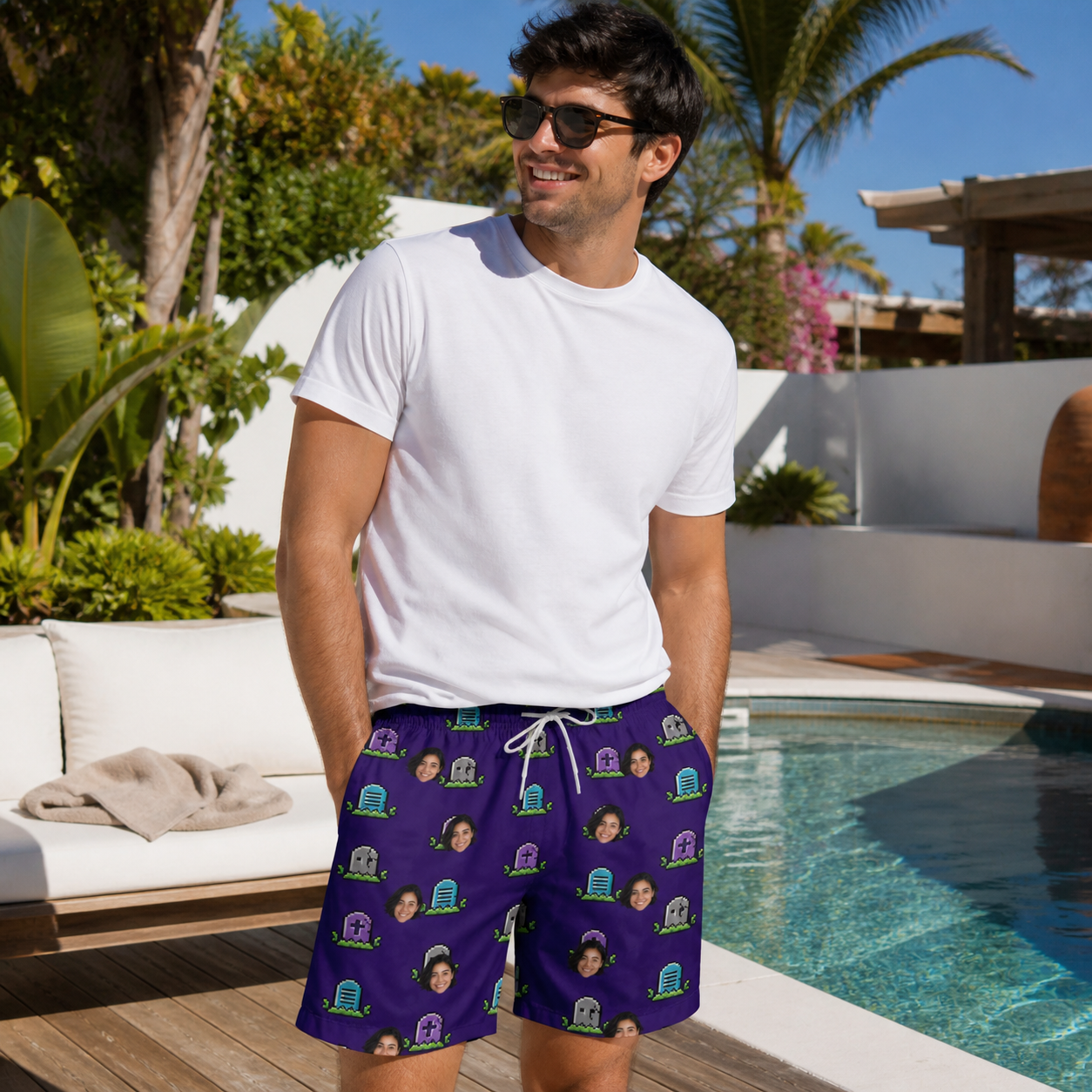 Real-life photo of someone wearing Men's Mirth Markers Custom Face Beach Shorts — custom faces printed all-over