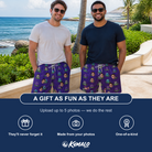 Friends in matching Men's Mirth Markers Custom Face Beach Shorts — a group gift photo
