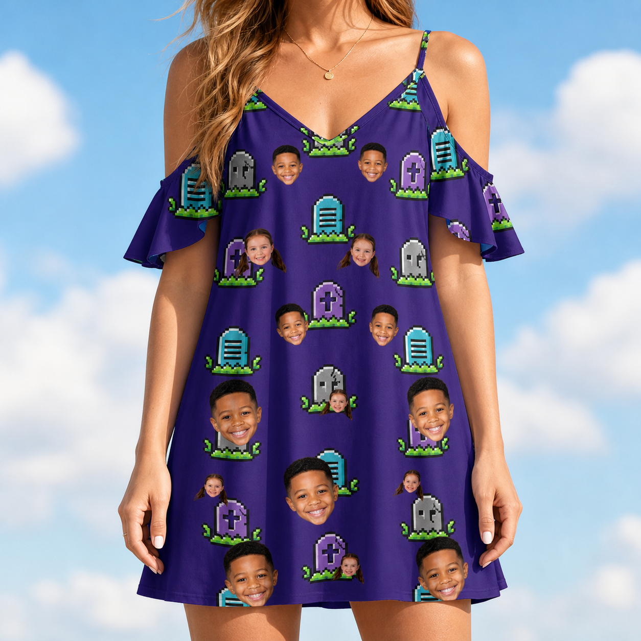 Model wearing Women's Mirth Markers Custom Face Off-Shoulder Dress printed with kids' faces