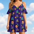 Model wearing Women's Mirth Markers Custom Face Off-Shoulder Dress printed with kids' faces