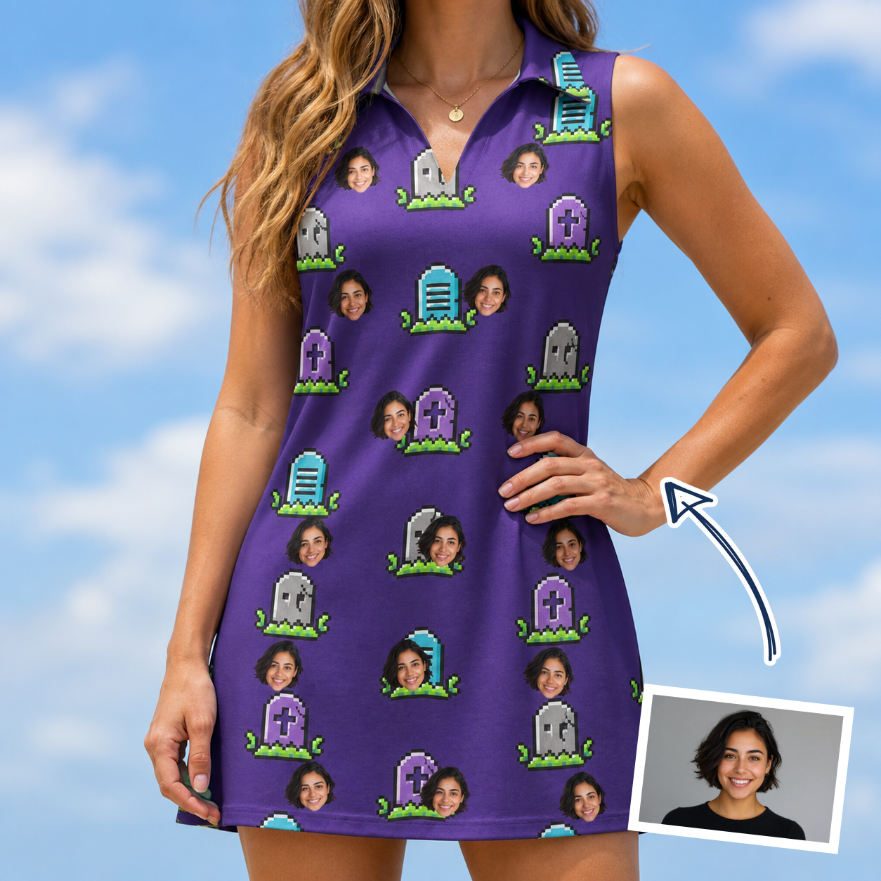 Woman wearing Women's Mirth Markers Custom Face V-Neck Dress — custom faces printed all-over