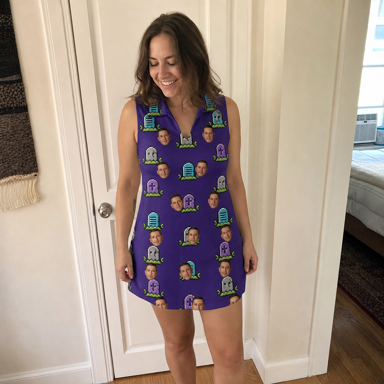 Real-life photo of someone wearing Women's Mirth Markers Custom Face V-Neck Dress — custom faces printed all-over