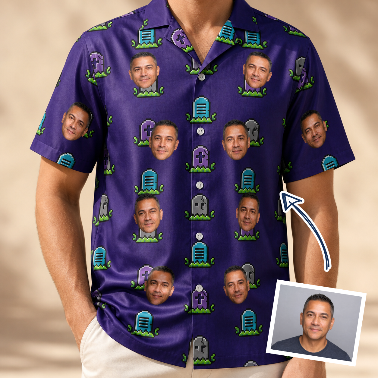 Man wearing Men's Mirth Markers Custom Face Hawaiian Shirt — custom faces printed all-over