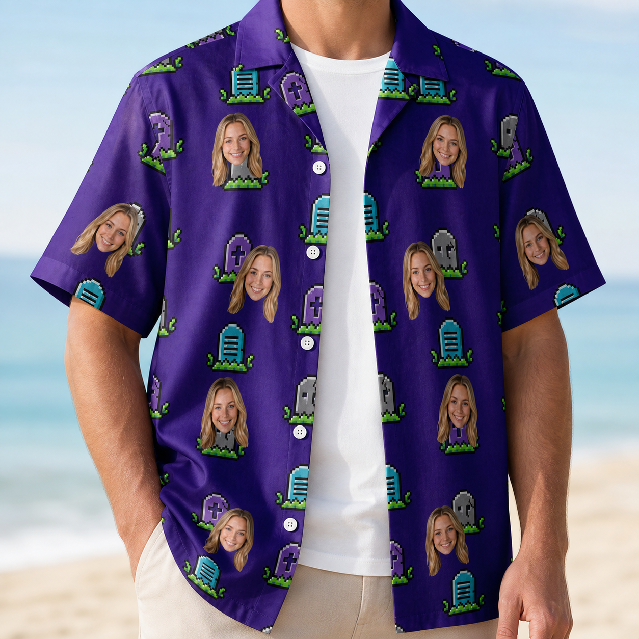 Man wearing Men's Mirth Markers Custom Face Hawaiian Shirt open over a white tee