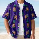 Man wearing Men's Mirth Markers Custom Face Hawaiian Shirt open over a white tee